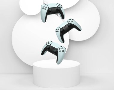 Renkli oyun kontrolörleri, podyum üzerinde yükselen joystick soyut arka plan, minimalist kavram aygıtı.