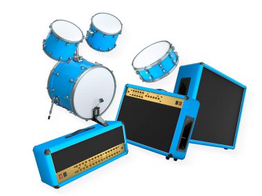 Beyaz zemin üzerinde eşleşen gitar amplifikatörleri olan bateri seti. Rock müzik ve performans kavramı.
