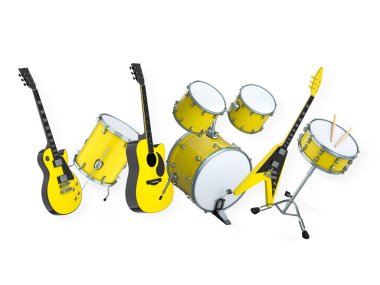Elektrikli akustik gitarlar ve beyaz arka planda metal zilleri olan davullar. Rock festivali posteri için üç boyutlu müzik enstrümanı, davul makinesi ve bateri prodüksiyonu.