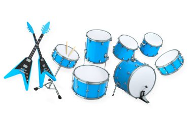 Elektrikli akustik gitarlar ve beyaz arka planda metal zilleri olan davullar. Rock festivali posteri için üç boyutlu müzik enstrümanı, davul makinesi ve bateri prodüksiyonu.