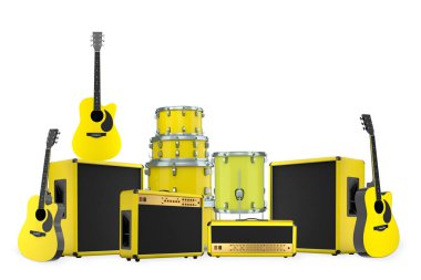 Elektrikli akustik gitarlar ve beyaz arka planda metal zilleri olan davullar. Rock festivali posteri için üç boyutlu müzik enstrümanı, davul makinesi ve bateri prodüksiyonu.