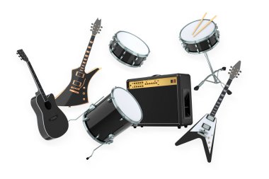 Elektrikli akustik gitarlar ve beyaz arka planda metal zilleri olan davullar. Rock festivali posteri için üç boyutlu müzik enstrümanı, davul makinesi ve bateri prodüksiyonu.