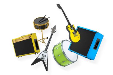 Elektrikli akustik gitarlar ve beyaz arka planda metal zilleri olan davullar. Rock festivali posteri için üç boyutlu müzik enstrümanı, davul makinesi ve bateri prodüksiyonu.