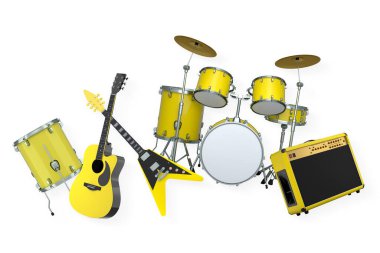 Elektrikli akustik gitarlar ve beyaz arka planda metal zilleri olan davullar. Rock festivali posteri için üç boyutlu müzik enstrümanı, davul makinesi ve bateri prodüksiyonu.