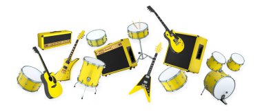Elektrikli akustik gitarlar ve beyaz arka planda metal zilleri olan davullar. Rock festivali posteri için üç boyutlu müzik enstrümanı, davul makinesi ve bateri prodüksiyonu.