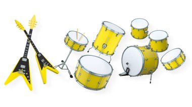 Elektrikli akustik gitarlar ve beyaz arka planda metal zilleri olan davullar. Rock festivali posteri için üç boyutlu müzik enstrümanı, davul makinesi ve bateri prodüksiyonu.