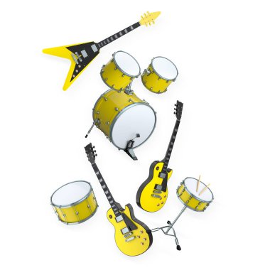 Elektrikli akustik gitarlar ve beyaz arka planda metal zilleri olan davullar. Rock festivali posteri için üç boyutlu müzik enstrümanı, davul makinesi ve bateri prodüksiyonu.