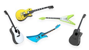 Beyaz arka planda izole edilmiş elektrikli akustik gitar seti. Müzik dükkanı için heavy metal gitarlı 3D rock festivali posteri.