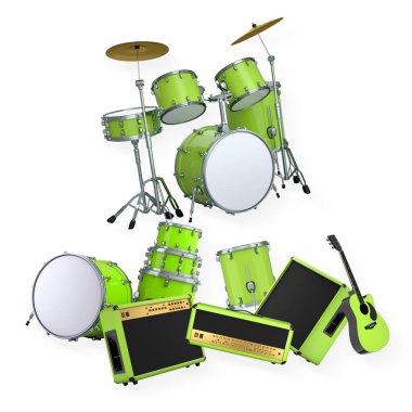 Elektrikli akustik gitarlar ve beyaz arka planda metal zilleri olan davullar. Rock festivali posteri için üç boyutlu müzik enstrümanı, davul makinesi ve bateri prodüksiyonu.