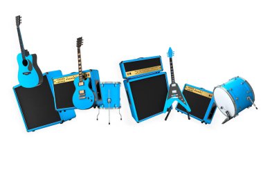 Elektrikli akustik gitarlar ve beyaz arka planda metal zilleri olan davullar. Rock festivali posteri için üç boyutlu müzik enstrümanı, davul makinesi ve bateri prodüksiyonu.