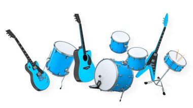 Elektrikli akustik gitarlar ve beyaz arka planda metal zilleri olan davullar. Rock festivali posteri için üç boyutlu müzik enstrümanı, davul makinesi ve bateri prodüksiyonu.