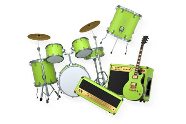 Elektrikli akustik gitarlar ve beyaz arka planda metal zilleri olan davullar. Rock festivali posteri için üç boyutlu müzik enstrümanı, davul makinesi ve bateri prodüksiyonu.