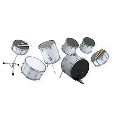 Bateri bateri seti, beyaz arka planda izole edilmiş çoklu davul ve sopalarla. Müzik performans araçları kavramı.