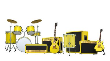 Elektrikli akustik gitarlar ve beyaz arka planda metal zilleri olan davullar. Rock festivali posteri için üç boyutlu müzik enstrümanı, davul makinesi ve bateri prodüksiyonu.