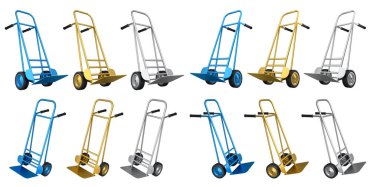 Beyaz arka planda boş el arabası ya da el arabası seti var. 3D teslimat ve depo ve mağaza eşyaları taşıma