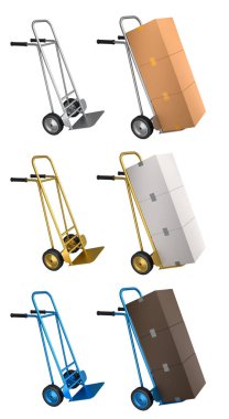 Havaalanı bagaj seti ya da bagaj vagonu yanında bir yığın karton kutu ya da beyaz arka planda karton kutu. Havaalanı veya depo servisinin 3d oluşturma ögesi