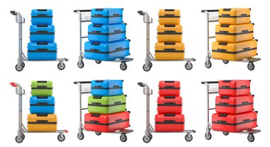 Beyaz arka planda bagajları taşımak için normal polikarbonat valiz seti. 3D seyahat konsepti. Tatil ve bagaj taşımacılığı.