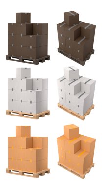 Beyaz arka planda karton kutuları olan bir depo için ahşap palet seti. Kargo yükleme ve taşıma, nakliye, nakliye, depolama servis ekipmanları için 3D tepsi hazırlama