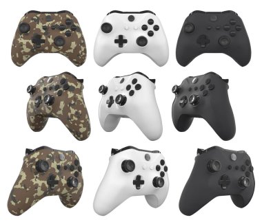 Oyun tutkunları için farklı renk ve tasarımlara sahip oyun denetleyicileri koleksiyonu kırpma yolu ile beyaz arkaplanda izole