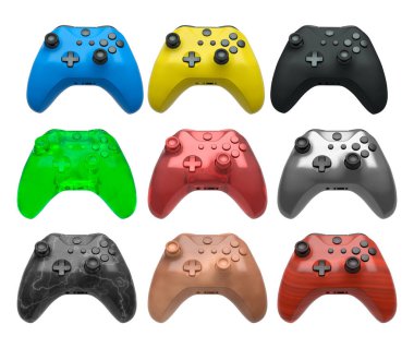 Oyun tutkunları için farklı renk ve tasarımlara sahip oyun denetleyicileri koleksiyonu kırpma yolu ile beyaz arkaplanda izole