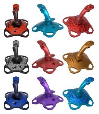 Uçuş simülatörü için joystick denetleyicileri, beyaz arkaplanda kırpma yolu ile izole edilmiş inanılmaz derecede sürükleyici oyun deneyimleri sunar