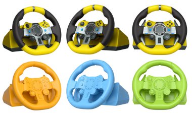 Yarış oyunu direksiyonları beyaz arka planda izole edilmiş, kırpma yolu ile, ustalıkla tasarlanmış oyun deneyiminizi geliştirmek için