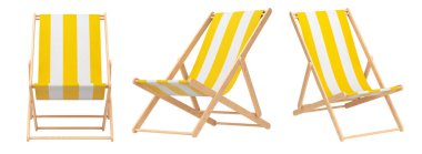 Beyaz arka planda izole edilmiş yaz kaçamakları için çizgili plaj sandalyeleri. Yaz tatili konsepti ve tatillerinin 3 boyutlu canlandırması