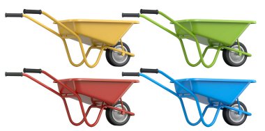 Yeşil, sarı, kırmızı ve mavi renkli el arabaları beyaz arka planda izole edilmiş, inşaat araçları kavramı.