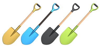 Beyaz arka planda izole edilmiş, bahçe aletlerini sembolize eden, temiz ve minimalist bir şekilde gösterilmiş, D kulplu ve tahta şaftlı bahçe kürekleri.