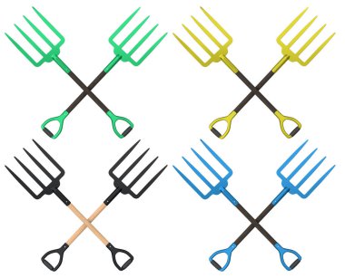 Ahşap saplı ve beyaz arka planda izole edilmiş renkli çelik dişli bir bahçe yabası seti bahçe aletlerini sembolize ediyor.