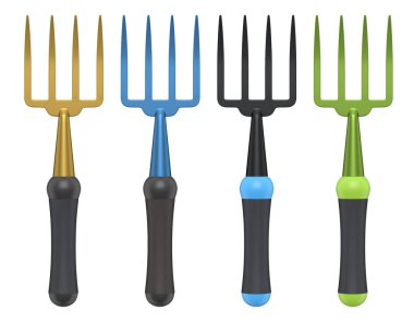 Ahşap saplı ve beyaz arka planda izole edilmiş renkli çelik dişli bir bahçe yabası seti bahçe aletlerini sembolize ediyor.