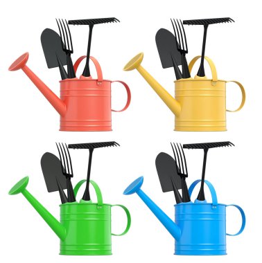 Kürek, çatal ve tırmık gibi bahçe aletleri kırmızı, mavi, sarı ve yeşil sulama kutuları içinde, beyaz, bahçe kavramı izole.