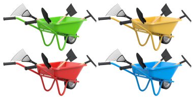 Kürek ve tırmık gibi bahçe aletleri olan renkli el arabaları, beyaz arka planda izole edilmiş, bahçeciliği ve peyzajı sembolize ediyor.