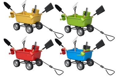 Kürek ve tırmık gibi bahçe aletleri olan renkli el arabaları, beyaz arka planda izole edilmiş, bahçeciliği ve peyzajı sembolize ediyor.