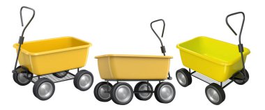 Bahçedeki bahçıvan ve saksılar için beyaz arka planda bahçe aletleri ve malzemeler. 3D bahçe işleri ve tarım malzemeleri kavramı