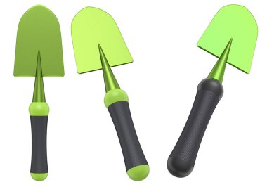 Ergonomik kauçuk kabzalı dört renkli kazıyıcı seti, metalik kaplama, beyaz arka planda izole edilmiş, ev aletleri kavramı