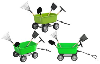 Kürek ve tırmık gibi bahçe aletleri olan renkli el arabaları, beyaz arka planda izole edilmiş, bahçeciliği ve peyzajı sembolize ediyor.