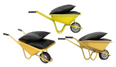 Siyah çuvallar taşıyan renkli el arabaları, beyaz arka planda izole edilmiş, bahçıvanlığı, teslimatı ya da taşımayı simgeliyor..