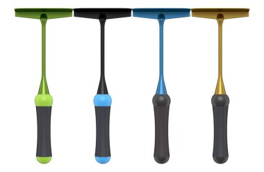 Beyaz arka planda izole edilmiş ahşap şaftlı ve renkli saplı bahçe çapaları, bahçe aletleri ve ekipman kavramı.