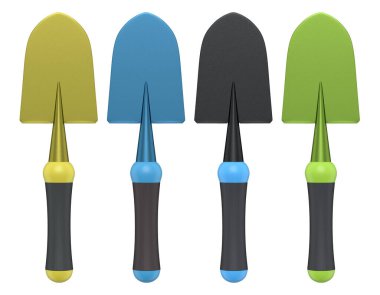 Beyaz arka planda izole edilmiş, bahçe aletlerini sembolize eden, temiz ve minimalist bir şekilde gösterilmiş, D kulplu ve tahta şaftlı bahçe kürekleri.