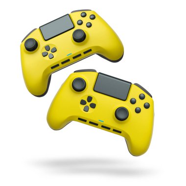 Havada uçan kablosuz oyun kontrolörleri kırpma yolu ile beyaz arka planda izole edilmiş, oyun teknolojisi konseptini sembolize ediyor.