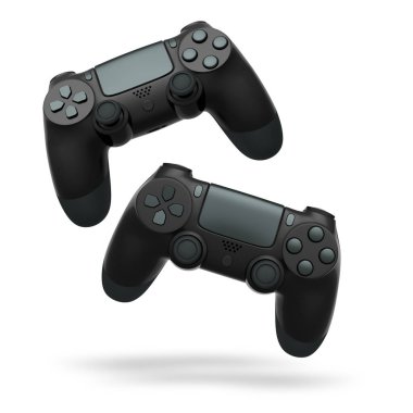 Havada uçan kablosuz oyun kontrolörleri kırpma yolu ile beyaz arka planda izole edilmiş, oyun teknolojisi konseptini sembolize ediyor.