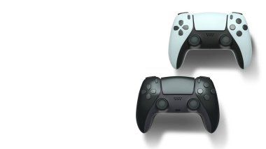 Havada uçan kablosuz oyun kontrolörleri kırpma yolu ile beyaz arka planda izole edilmiş, oyun teknolojisi konseptini sembolize ediyor.