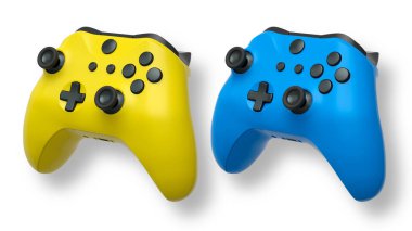 Havada uçan kablosuz oyun kontrolörleri kırpma yolu ile beyaz arka planda izole edilmiş, oyun teknolojisi konseptini sembolize ediyor.