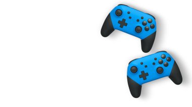 Havada uçan kablosuz oyun kontrolörleri kırpma yolu ile beyaz arka planda izole edilmiş, oyun teknolojisi konseptini sembolize ediyor.