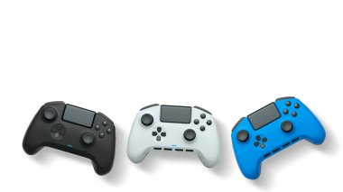 Havada uçan kablosuz oyun kontrolörleri kırpma yolu ile beyaz arka planda izole edilmiş, oyun teknolojisi konseptini sembolize ediyor.