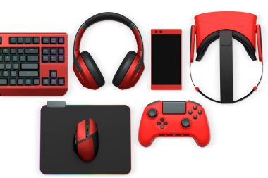 Gaming keyboard with RGB lighting, controllers, VR headset, mouse and headphones isolated on white background with clipping path, concept of gaming setup