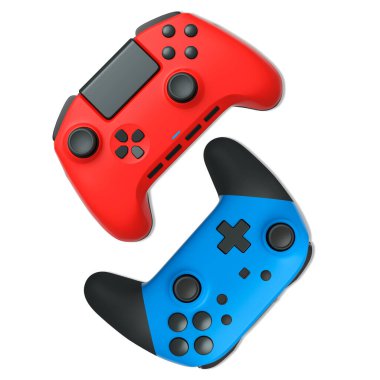 Havada uçan kablosuz oyun kontrolörleri kırpma yolu ile beyaz arka planda izole edilmiş, oyun teknolojisi konseptini sembolize ediyor.