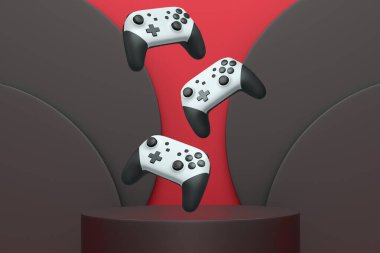 Renkli oyun kontrolörleri, podyum üzerinde yükselen joystick soyut arka plan, minimalist kavram aygıtı.