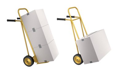 Havaalanı bagaj seti ya da bagaj vagonu yanında bir yığın karton kutu ya da beyaz arka planda karton kutu. Havaalanı veya depo servisinin 3d oluşturma ögesi